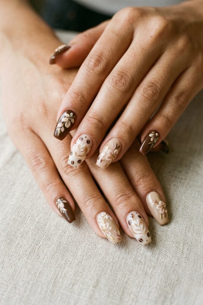 Floral Coffee Nails 
