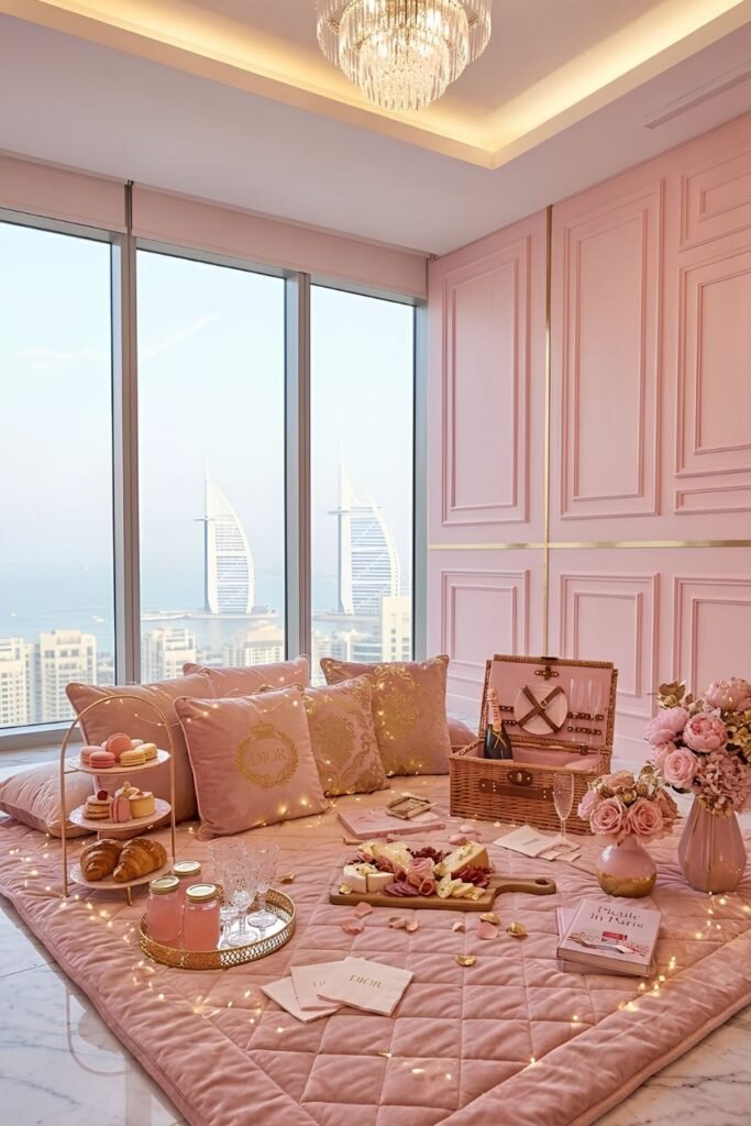 Pink Indoor Picnic Setup