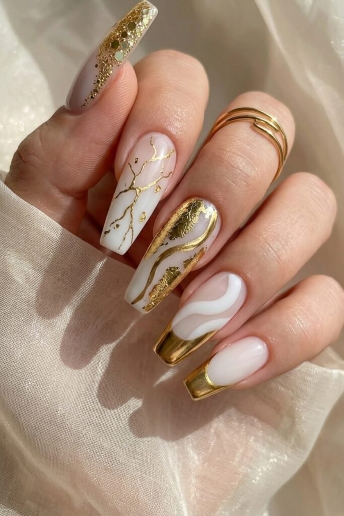 White & Gold Cowgirl Luxe Nails