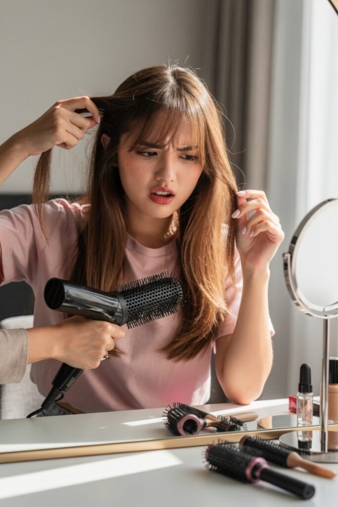 An annoyed woman looking in a vanity mirror while trying to style her hair with a blow dryer brush and several round brushes.