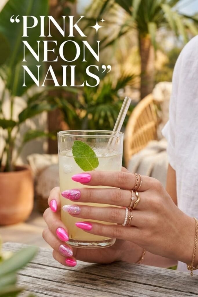 Bright summer neon nail colors with yellow, coral, pink and green manicure, glossy luxury finish, colorful tropical aesthetic, trendy Pinterest nail photography, ultra realistic details, feminine