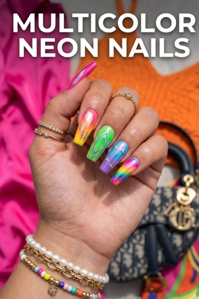  Multicolor Neon Acrylic Nails Trend