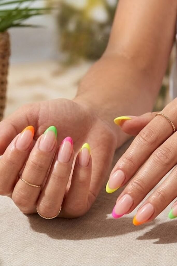 Bright summer neon nail colors with yellow, coral, pink and green manicure, glossy luxury finish, colorful tropical aesthetic, trendy Pinterest nail photography, ultra realistic details, feminine  (2)