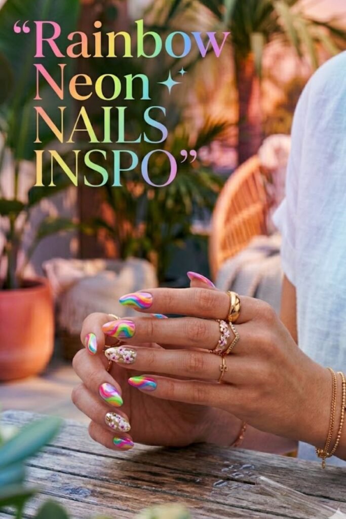 Bright summer neon nail colors with yellow, coral, pink