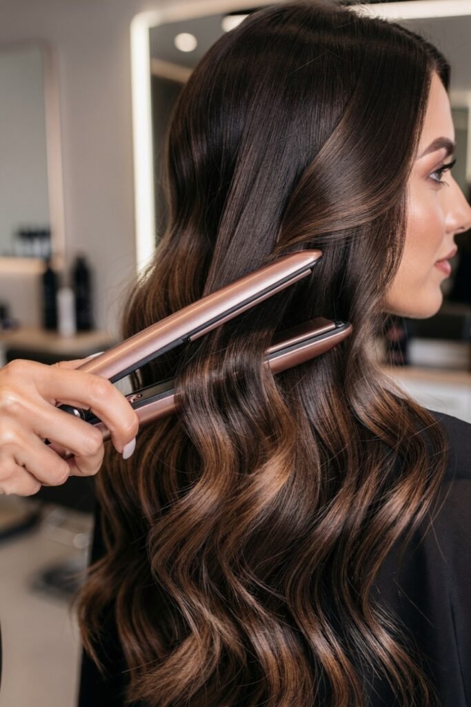 Woman creating soft waves with a flat iron on long brunette hair in a modern hair salon.