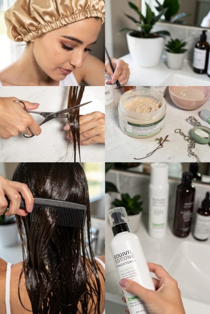 A collage of six photos illustrating different hair care steps, including using a silk bonnet, trimming hair, applying masks, and using hair serums."
