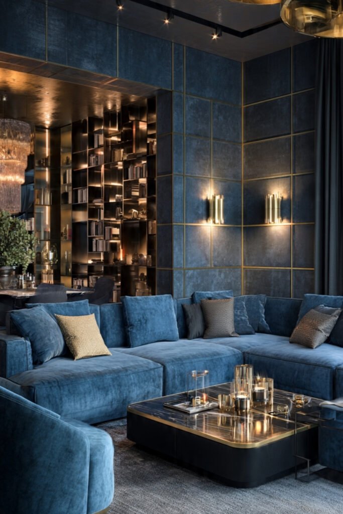 Layering rich blue velvet furniture 