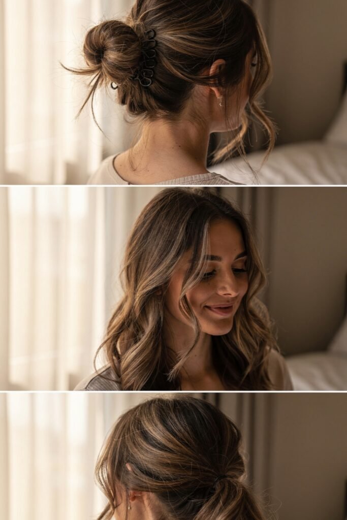 "A collage of three images showcasing a woman's brown hair with blonde highlights styled in a bun, loose curls, and a ponytail.