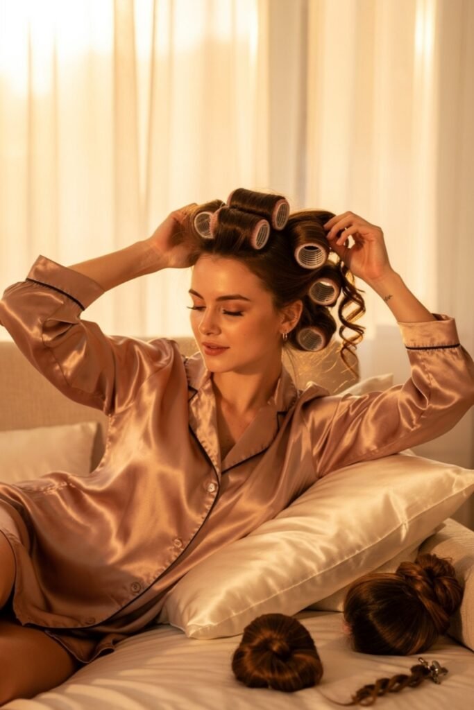 "A young woman wearing rose-gold silk pajamas sits on a bed, removing hair rollers from her brunette hair.