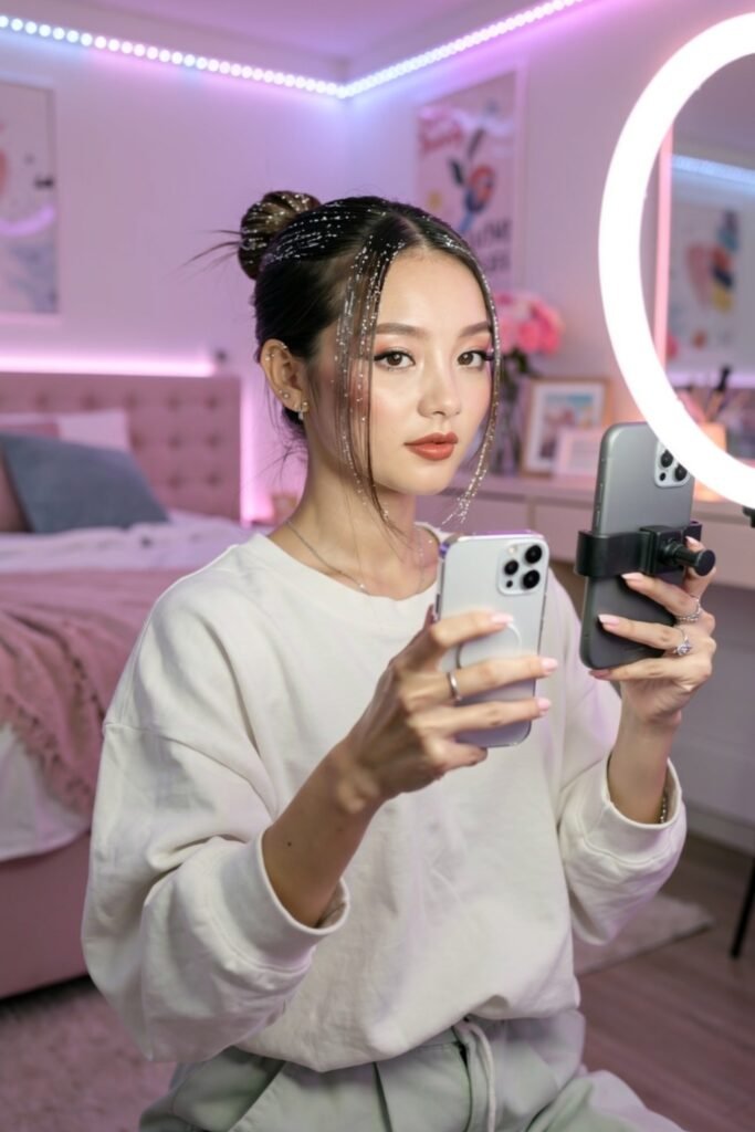A young woman filming a beauty video with a ring light and smartphone, showcasing a sparkling glitter hairstyle in an aesthetic bedroom.