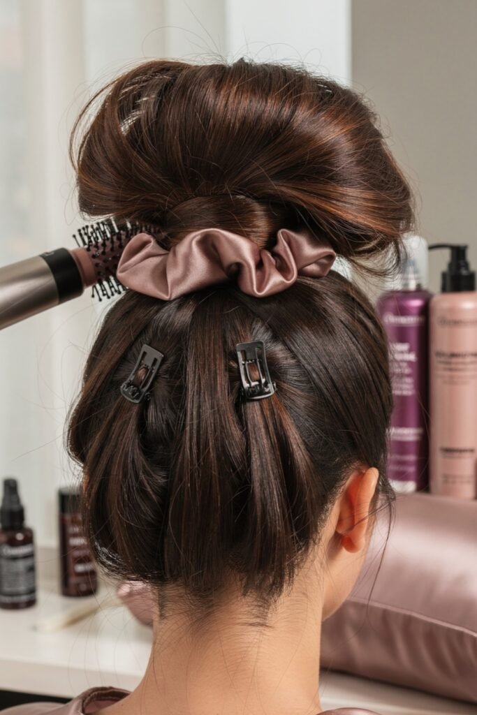 How to get hair volume without damage: A step-by-step styling shot featuring a silk scrunchie, sectioning clips,