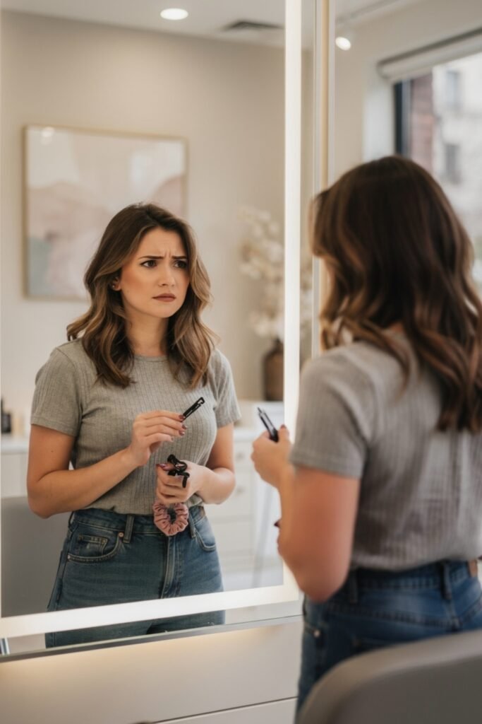 Woman looking at her reflection while styling medium length hair during an awkward hair growth transition phase in a salon mirror.