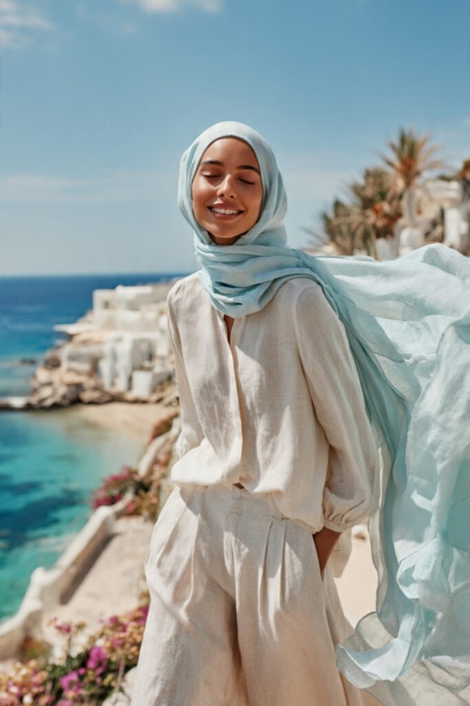 Coastal-Inspired Outfit with a Blue Headscarf