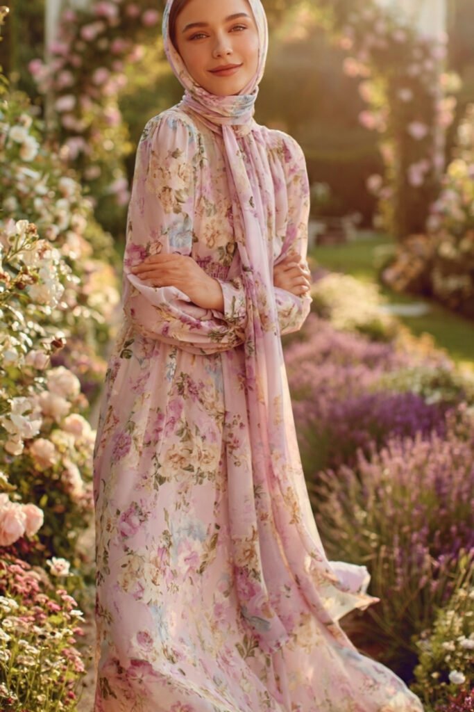 Floral Summer Dress Paired with a Soft Headscarf