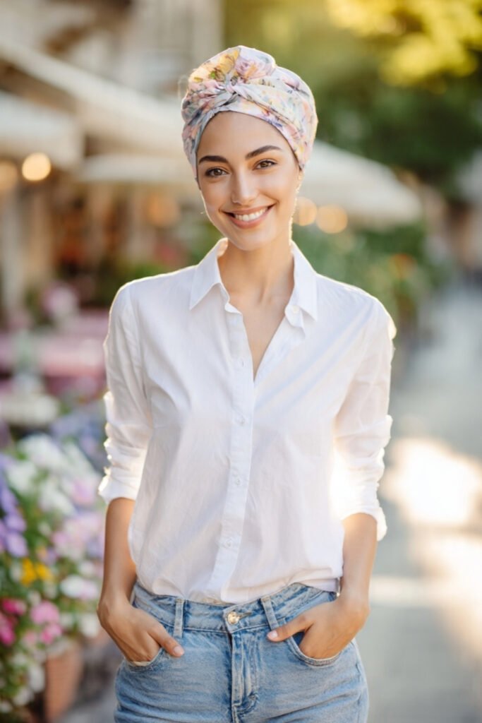 _White Shirt and Denim Jeans with a Printed Headscarf