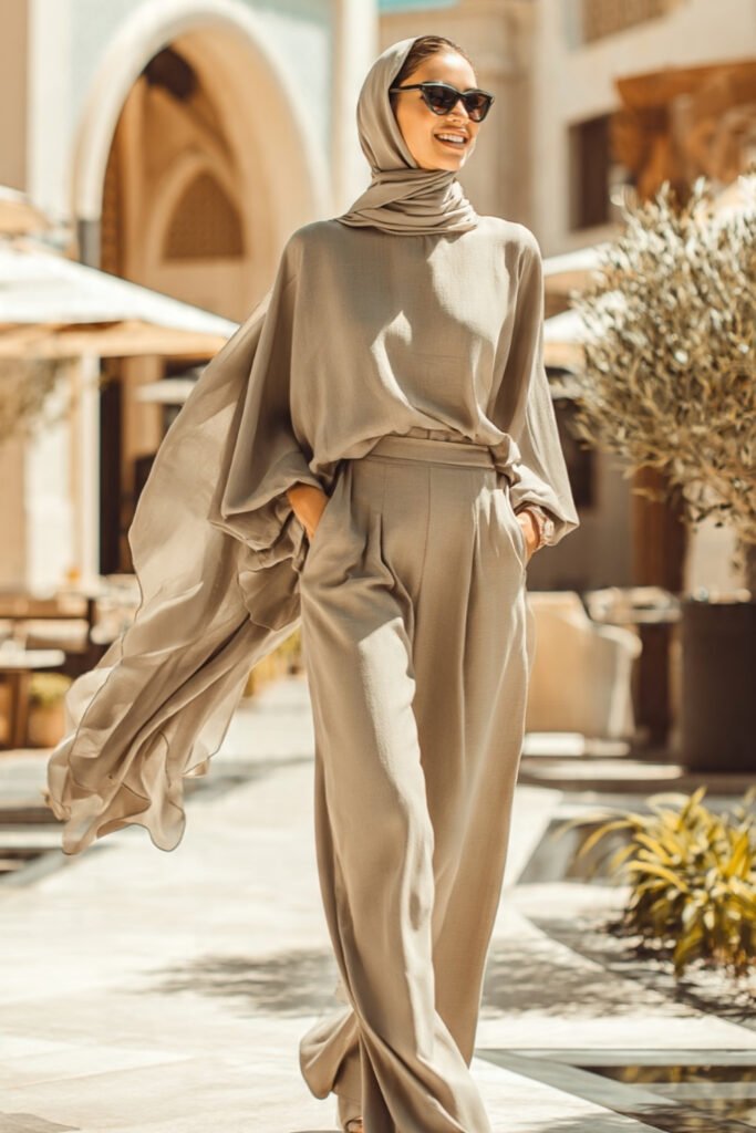 Wide-Leg Pants and a Breezy Blouse with a Headscarf