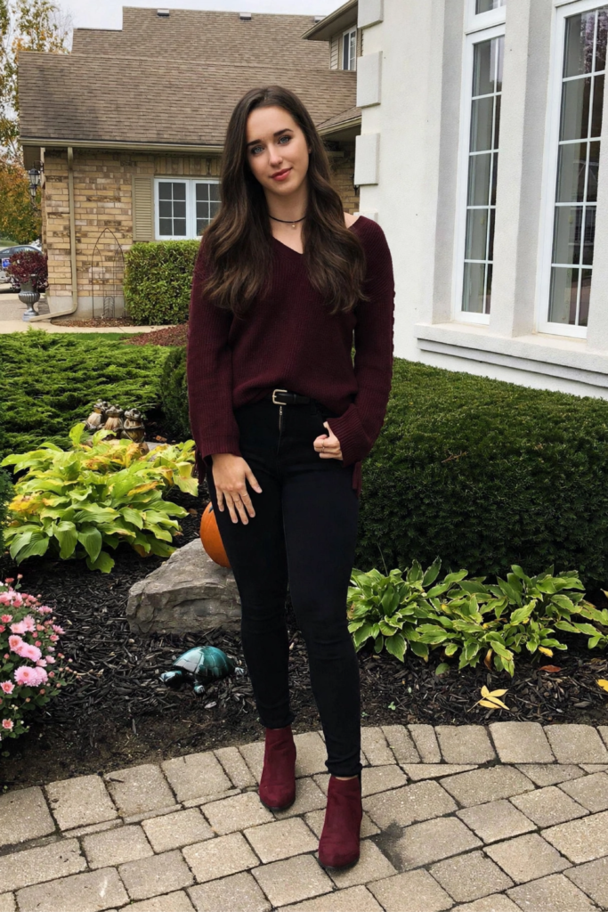 Burgundy Boots with Black Leggings