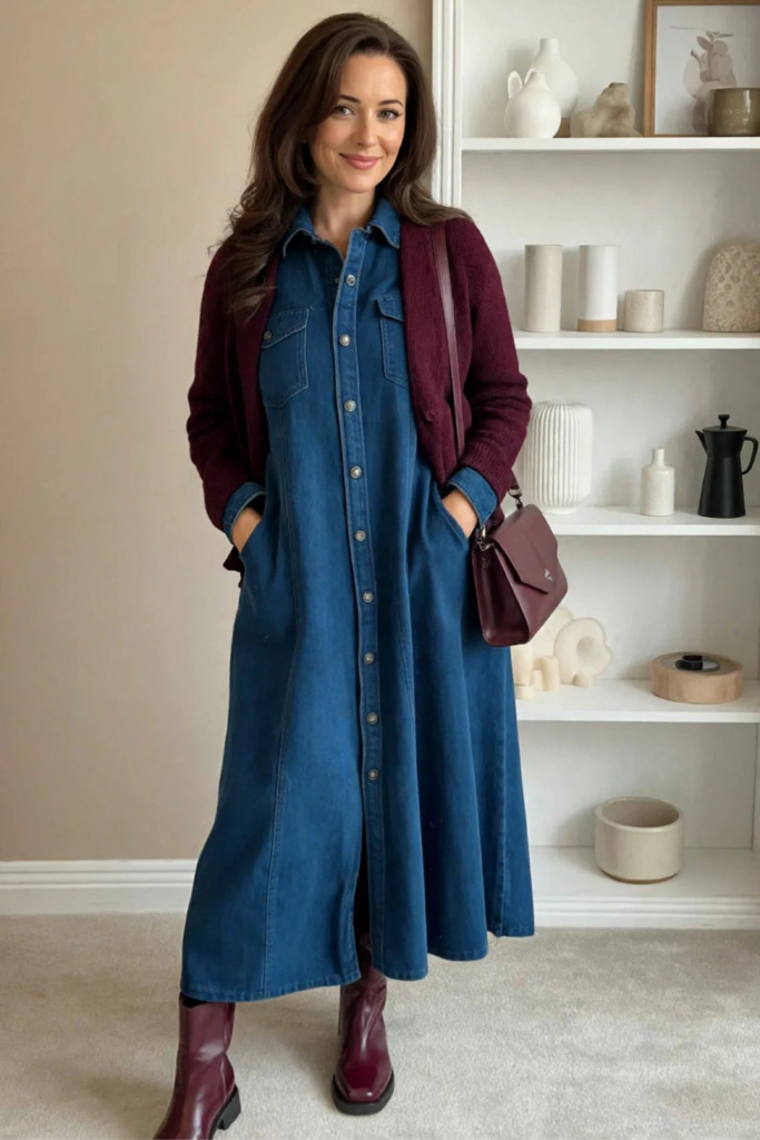 Burgundy Boots with Denim Dresses