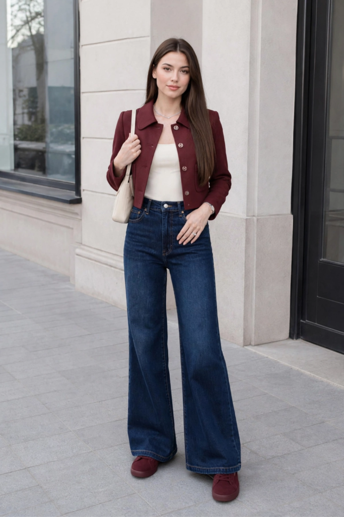 Burgundy Chelsea Boots with Wide-Leg Jeans