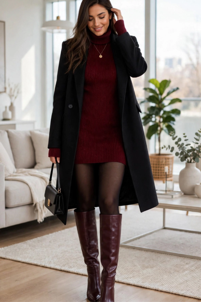 Burgundy Knee-High Boots with Mini Dresses