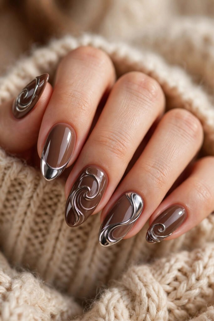 Mocha Nails with Chrome Details
