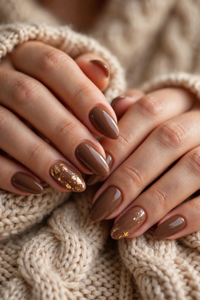 Mocha Nails with Gold Foil Accents