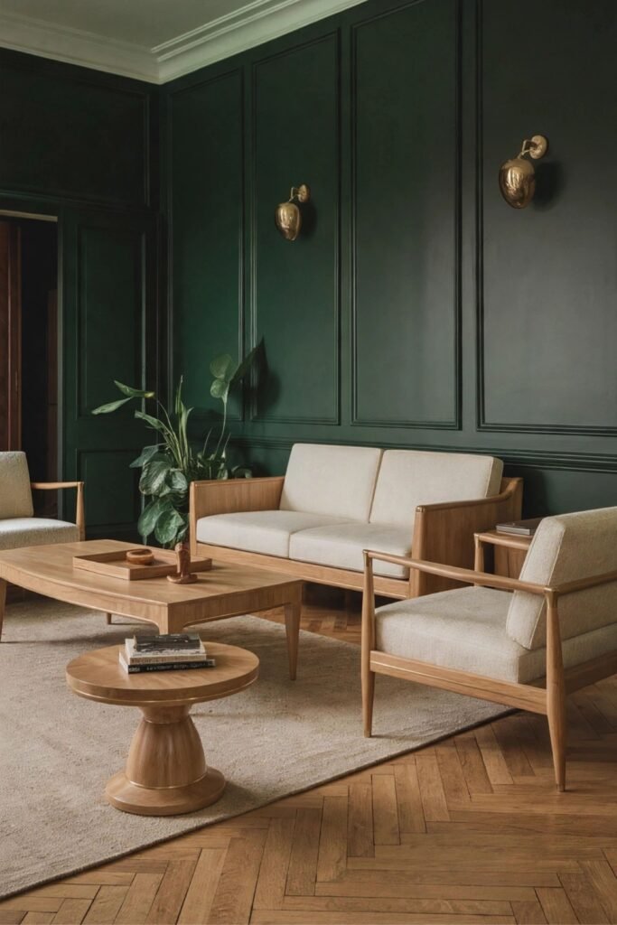 Pair Dark Green Walls with Warm Wood Furniture