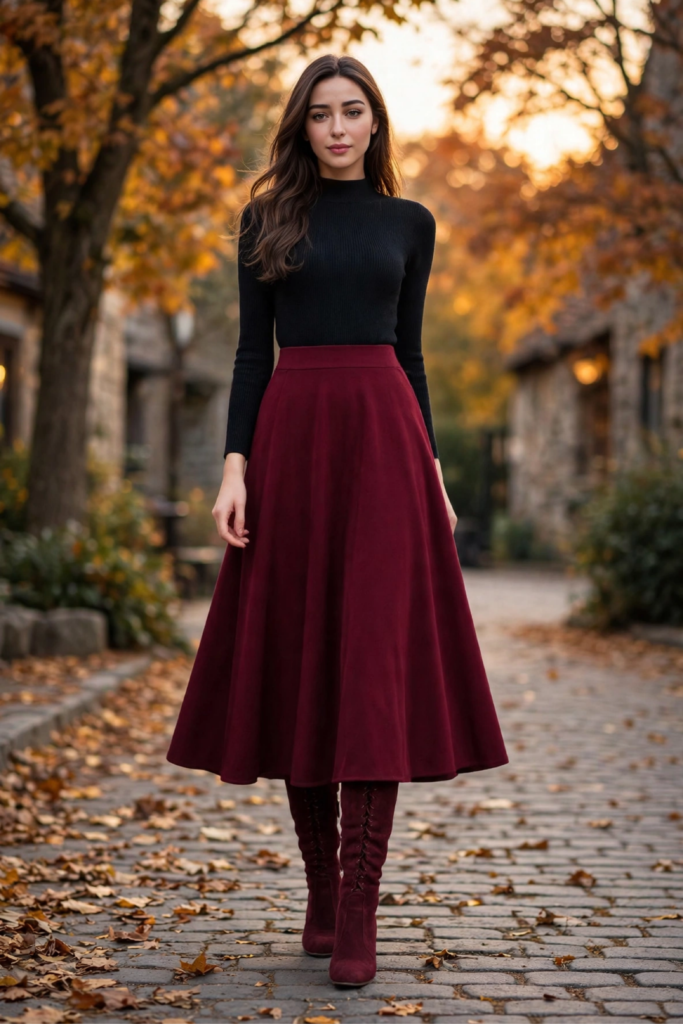 Stylish Burgundy Boots with Midi Skirts