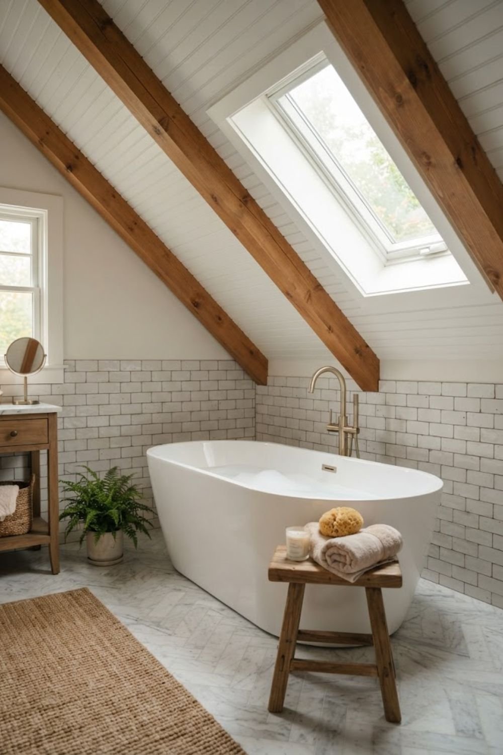 ]Modern sloped ceiling bathroom ideas with shower