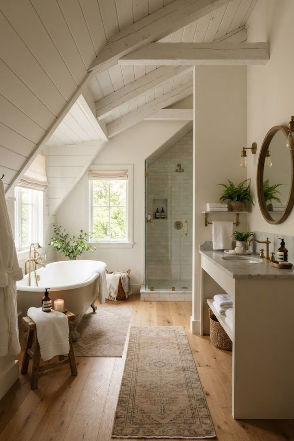 Small attic bathroom sloped ceiling with shower