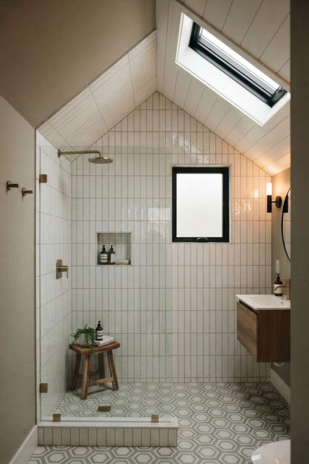 Walk-in shower with sloped ceiling