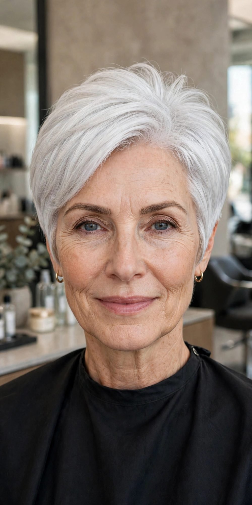 Bixie cut for fine thin hair for women over 50: Silver Bixie With A Polished Finish