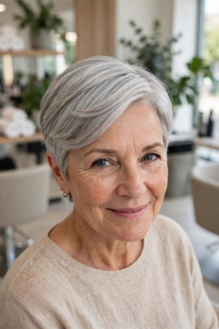 Hairstyle that disguises a widening parting for women over 50: Pixie Cut With A Swept Over Top
