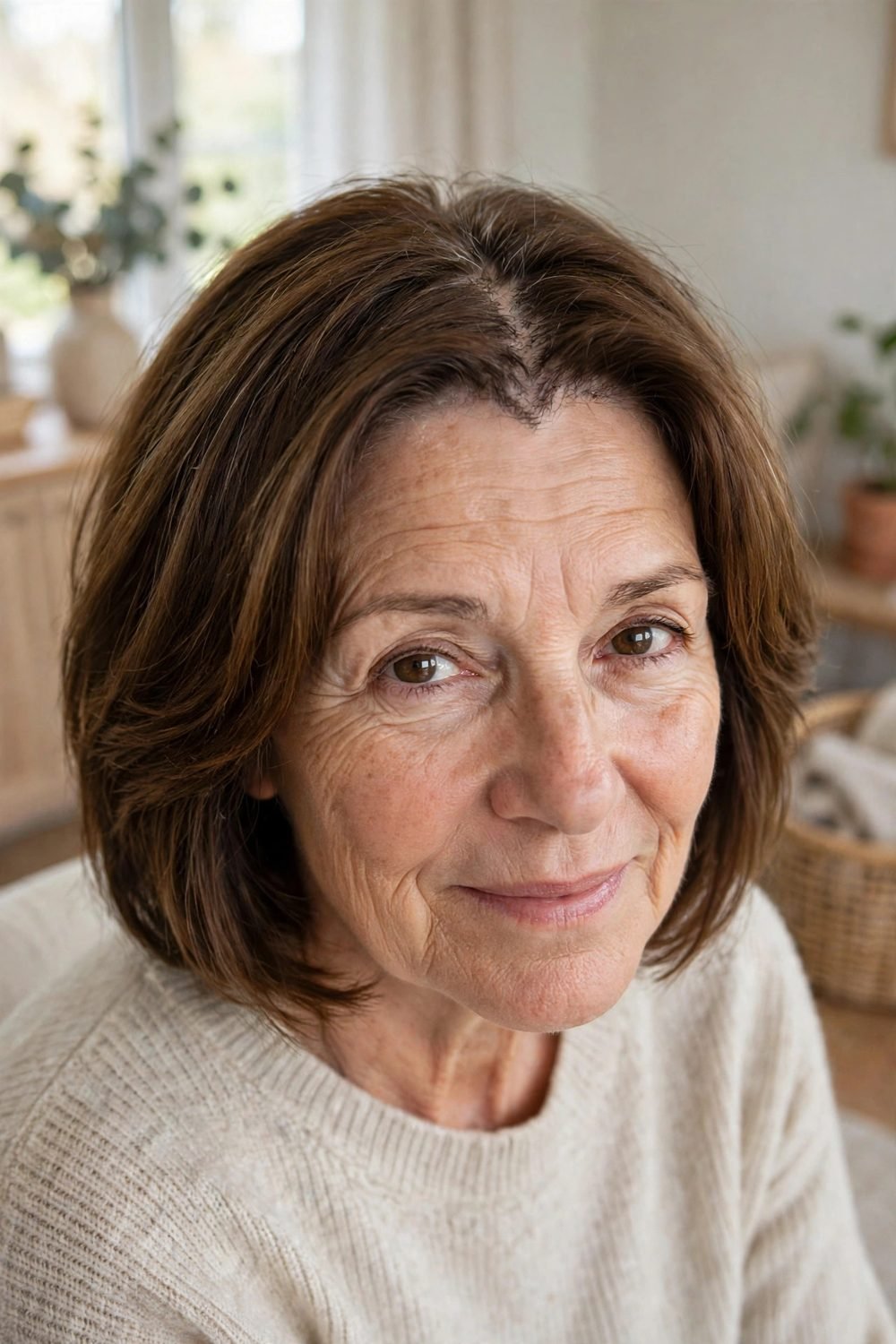 Hairstyle that disguises a widening parting for women over 50: Zigzag Part With Soft Chin Length Layers