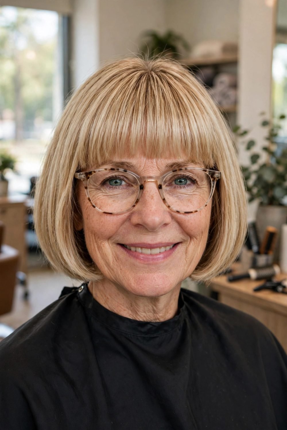 Hairstyle that disguises a widening parting for women over 50: Classic Bob With A Full Soft Fringe