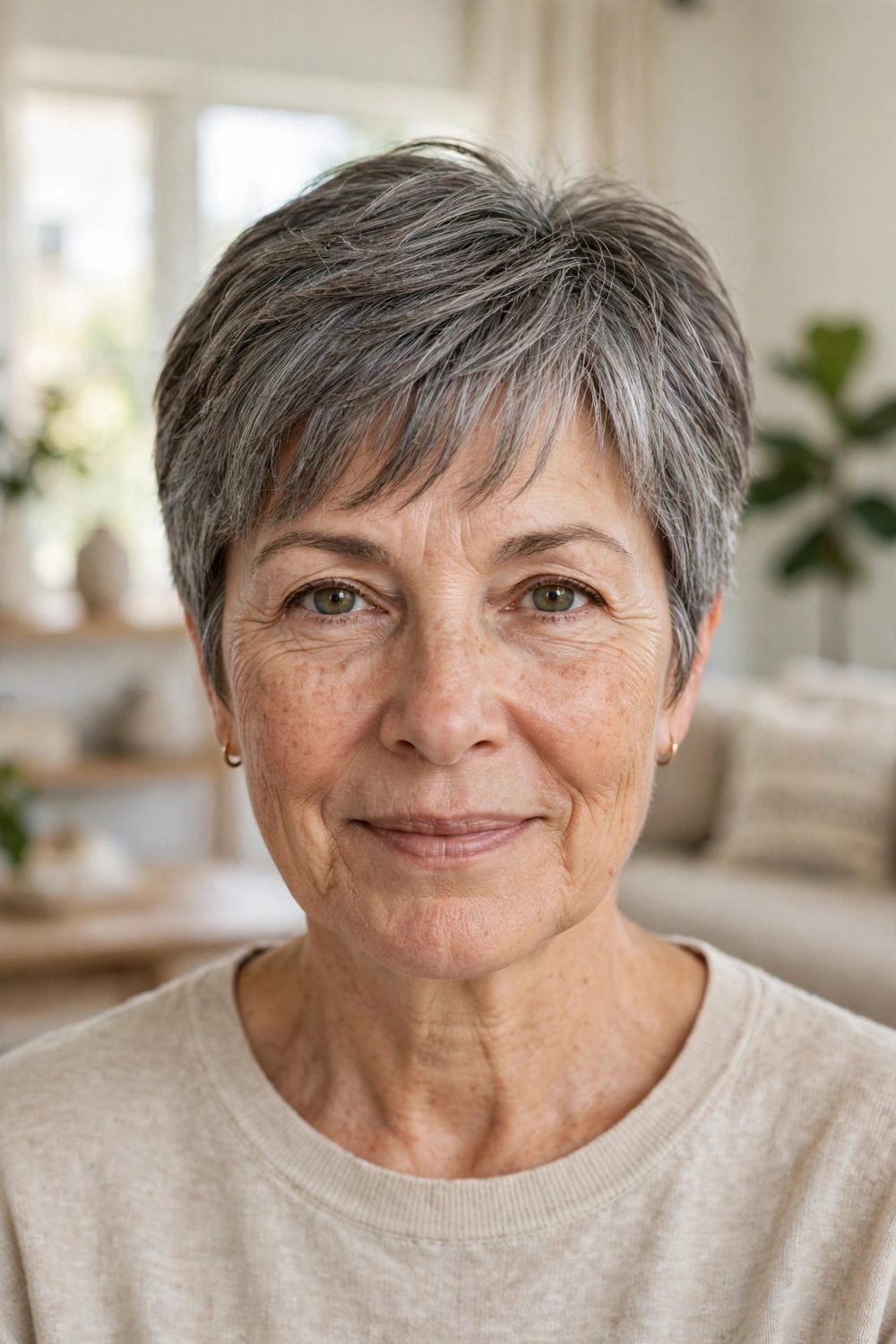 Hairstyle that disguises a widening parting for women over 50: Feathered Crop Styled Forward
