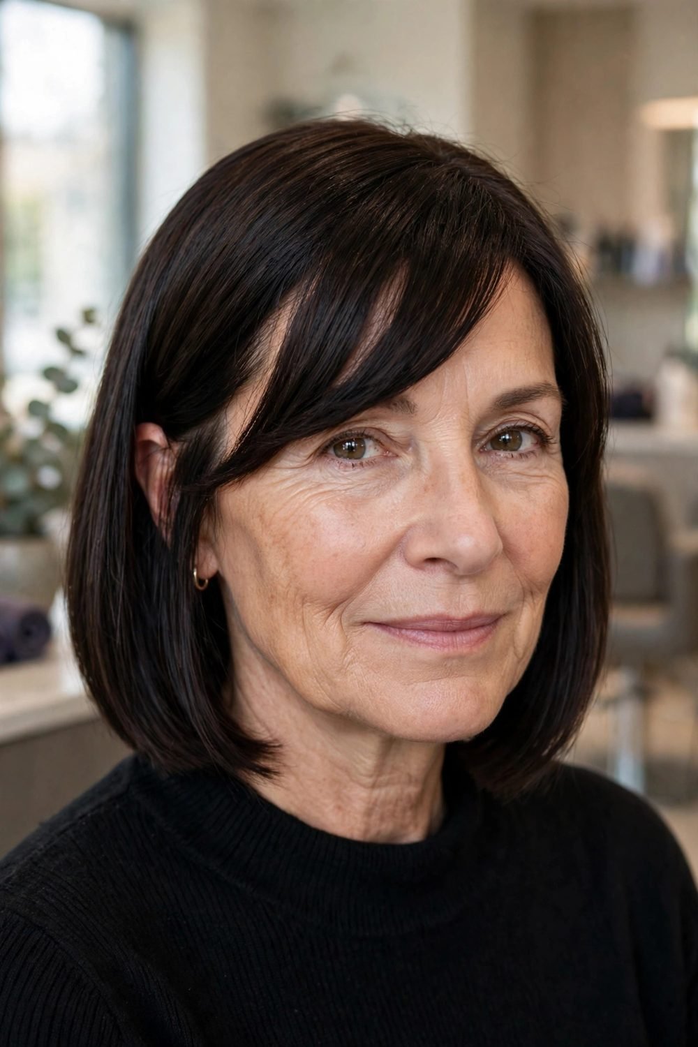 Hairstyle that disguises a widening parting for women over 50: Blunt Bob With Side Swept Bangs