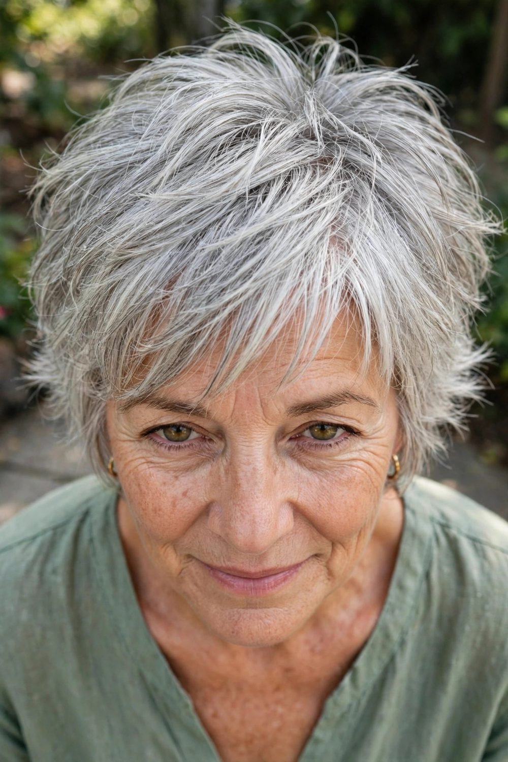 Hairstyle that disguises a widening parting for women over 50: Shag Cut Dried Forward From The Crown
