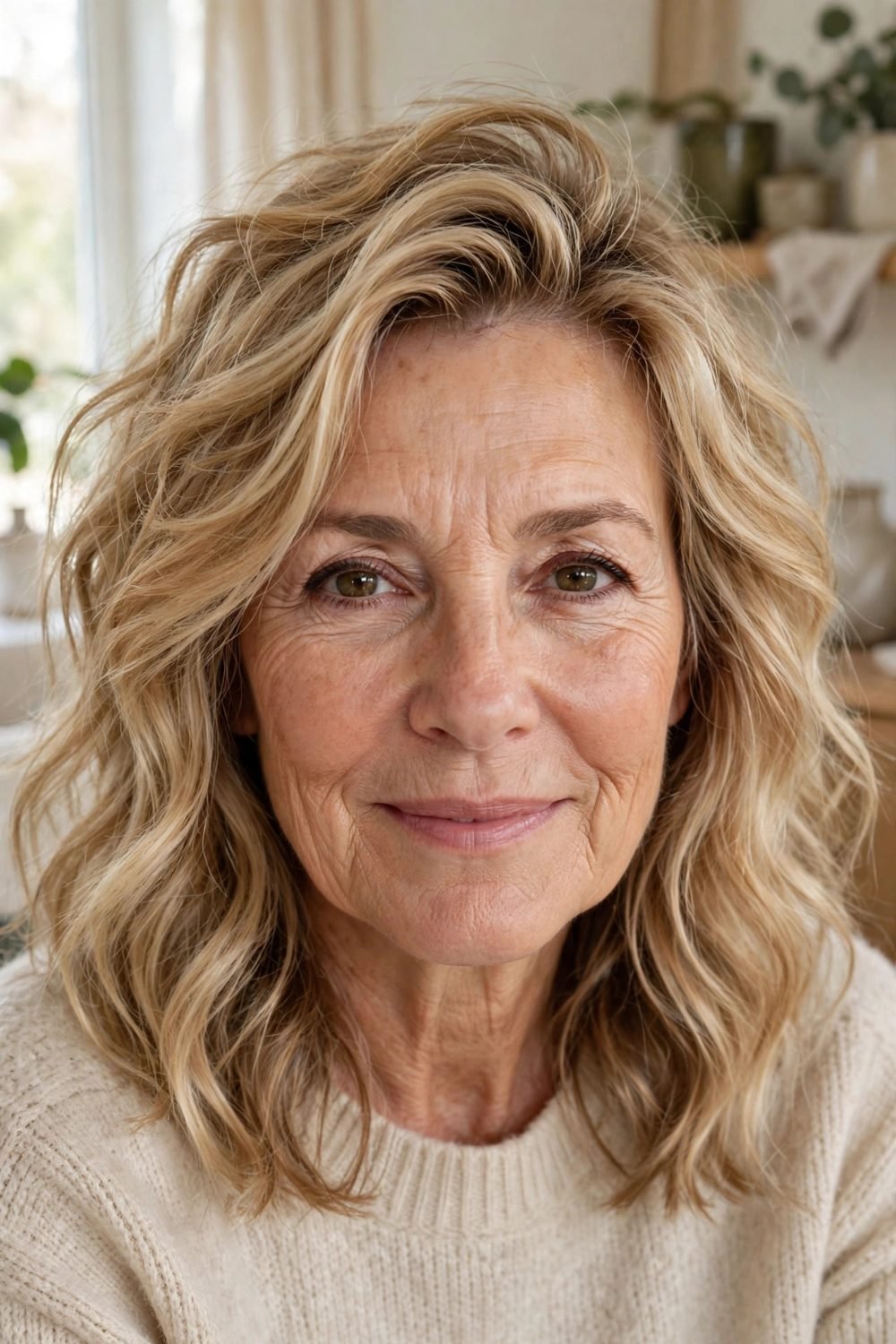 Hairstyle that disguises a widening parting for women over 50: Loose Waves With A Broken Up Part Line