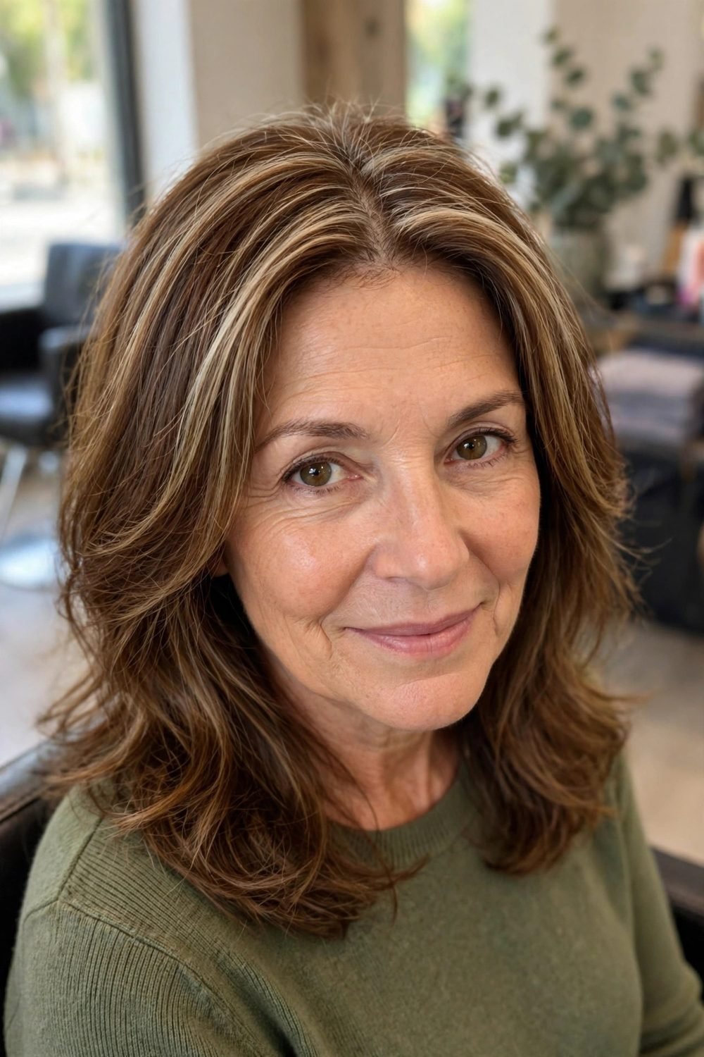 Hairstyle that disguises a widening parting for women over 50: Fine Highlights Placed Around The Part Line