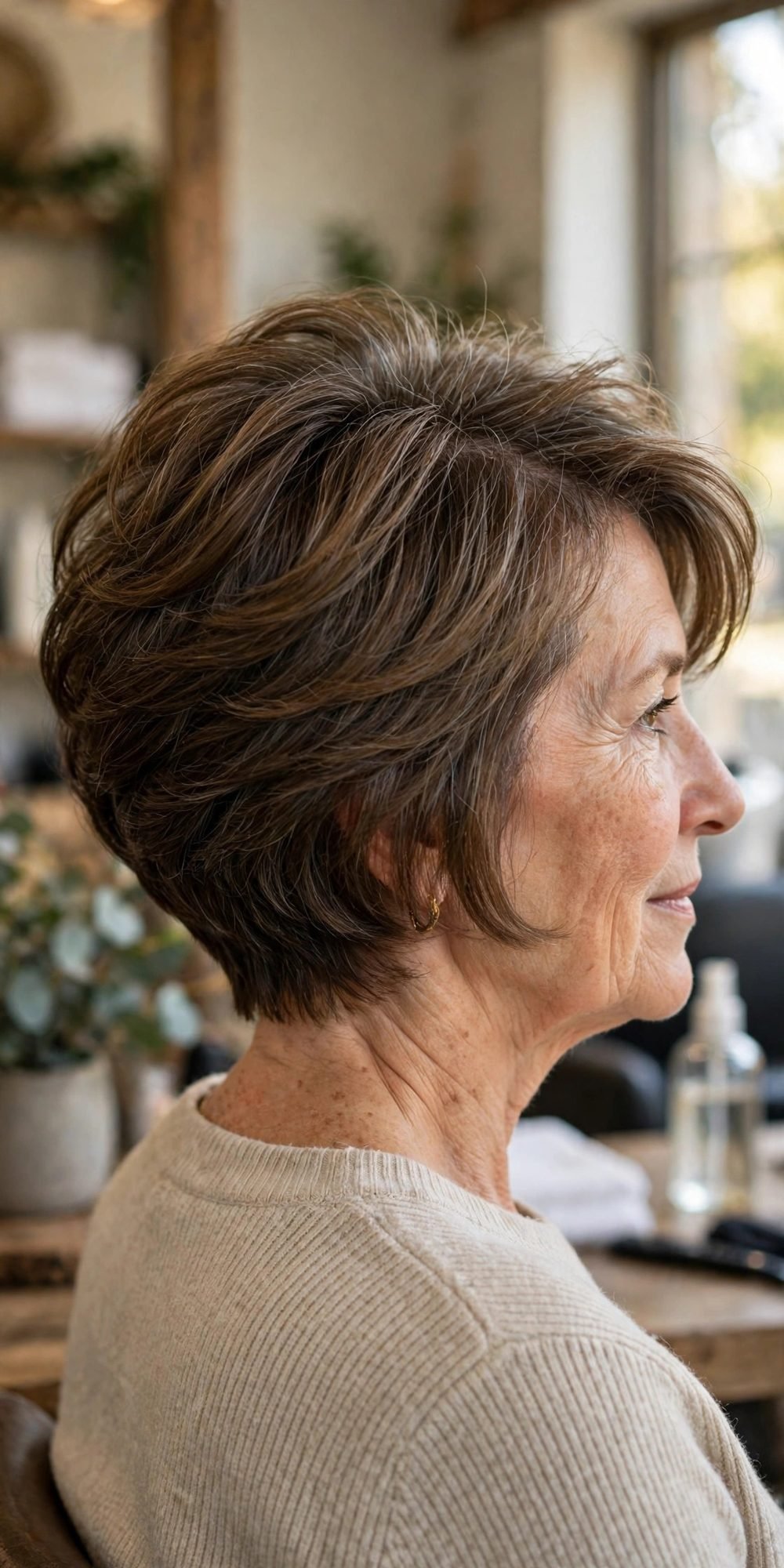Hairstyle that disguises a widening parting for women over 50: Stacked Bob With A Low Side Part