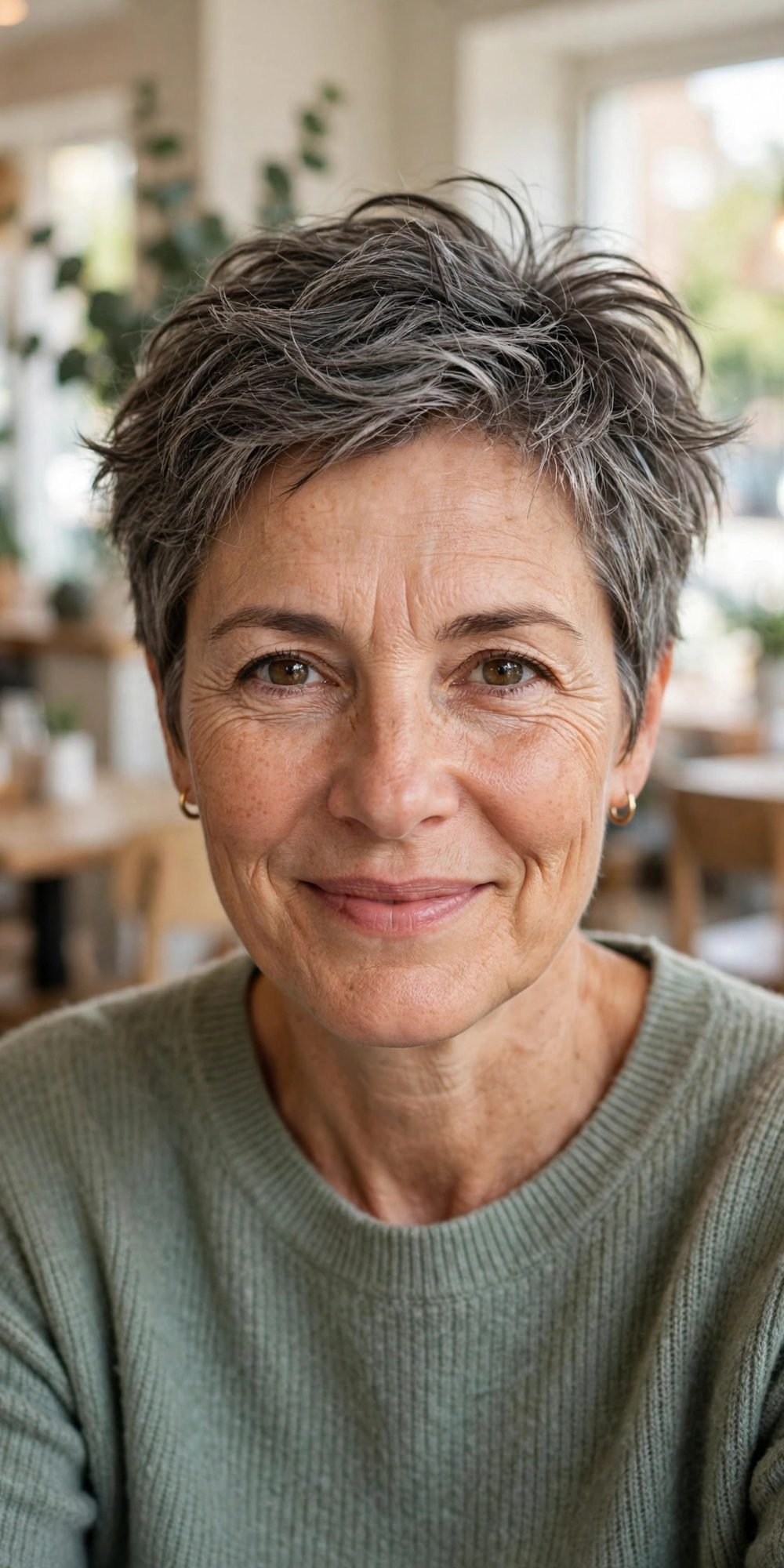 Hairstyle that disguises a widening parting for women over 50: Tossed Crop With No Fixed Part