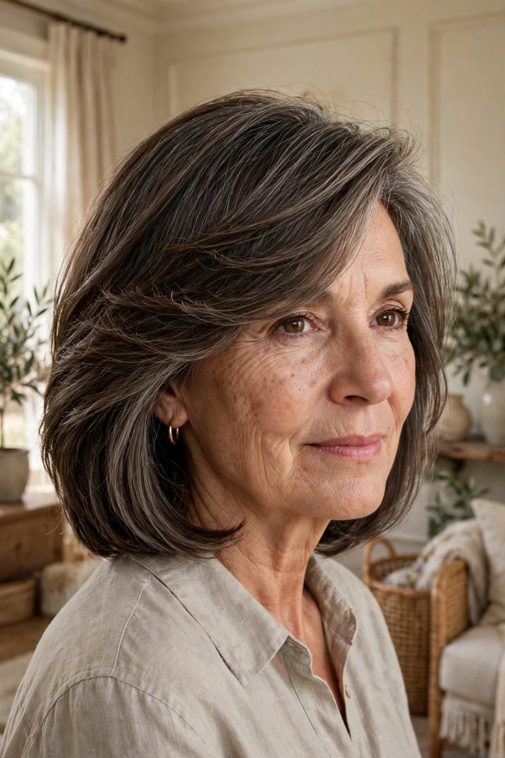 Hairstyle that disguises a widening parting for women over 50: Hairstyles That Disguise A Widening Parting Over 50 With A Deep Side Sweep