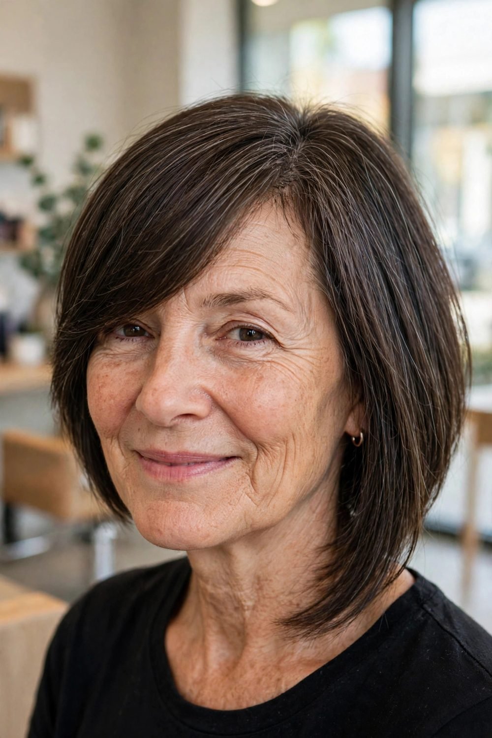 Hairstyle that disguises a widening parting for women over 50: Asymmetric Bob With A Diagonal Fringe