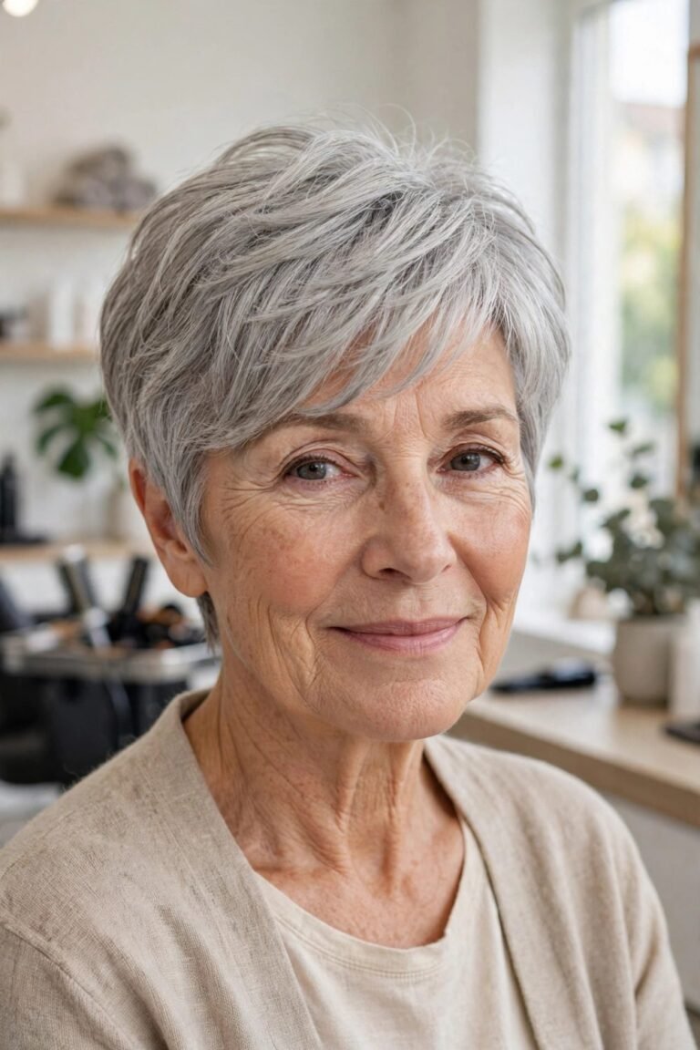 Layered short haircut for women over 60: Feathered Pixie With Long Top Layers