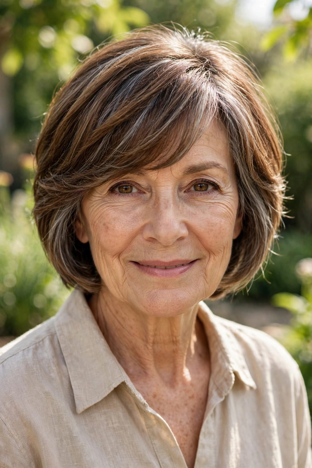 Layered short haircut for women over 60: Soft Layered Crop With Side Swept Bangs