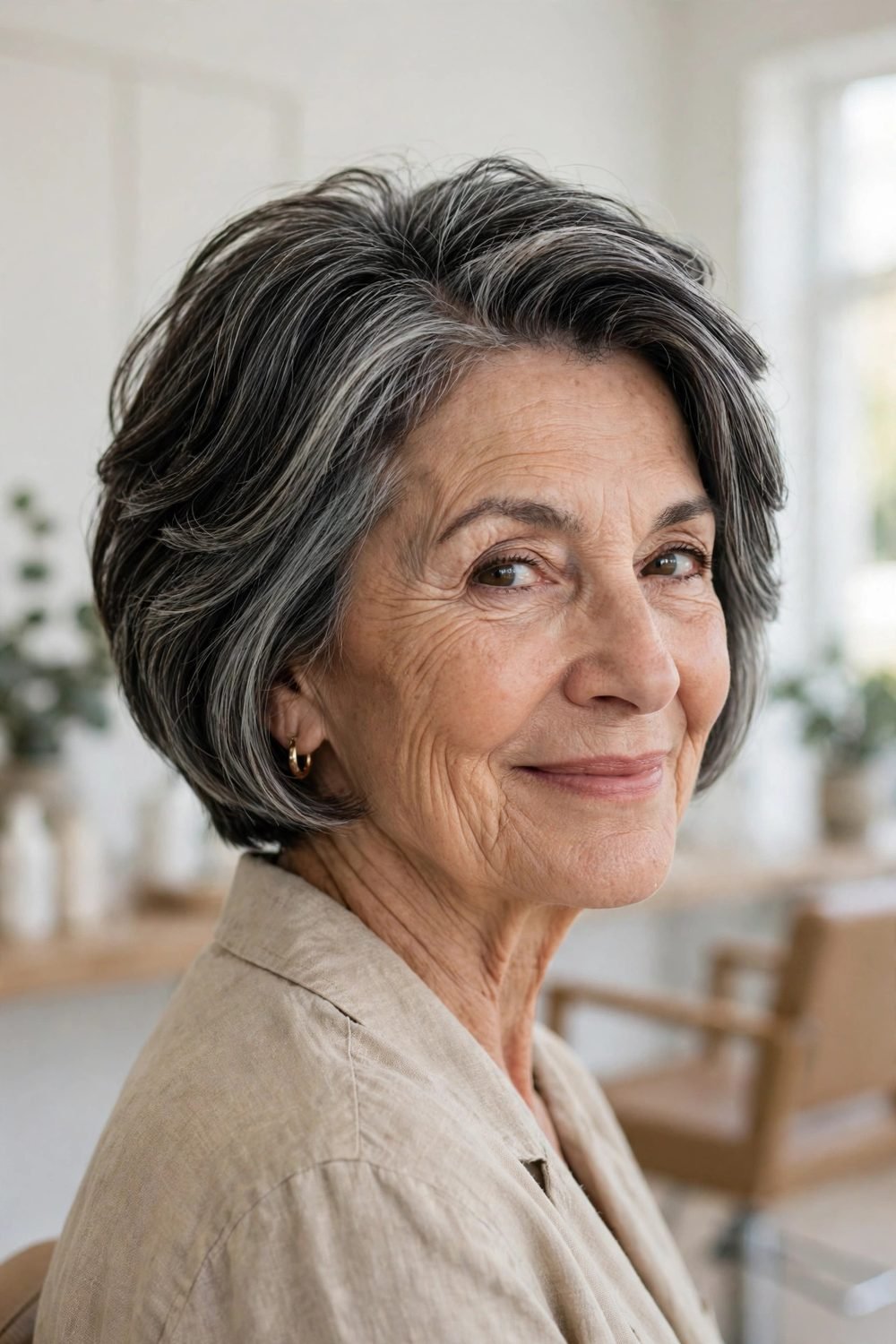 Layered short haircut for women over 60: Textured French Bob With Short Crown Layers
