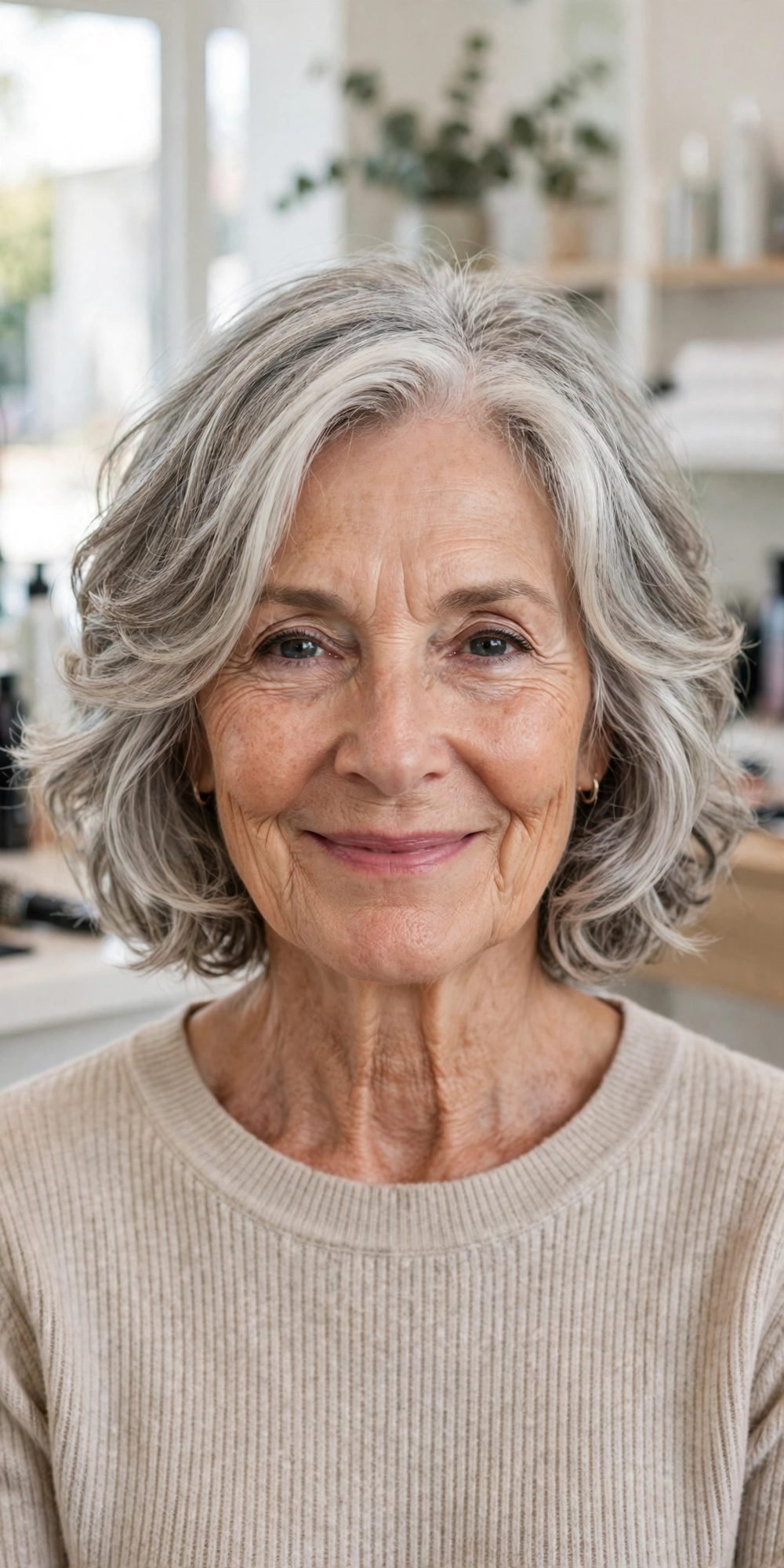 Layered short haircut for women over 60: Wavy Layered Bob With Bent, Lived In Ends