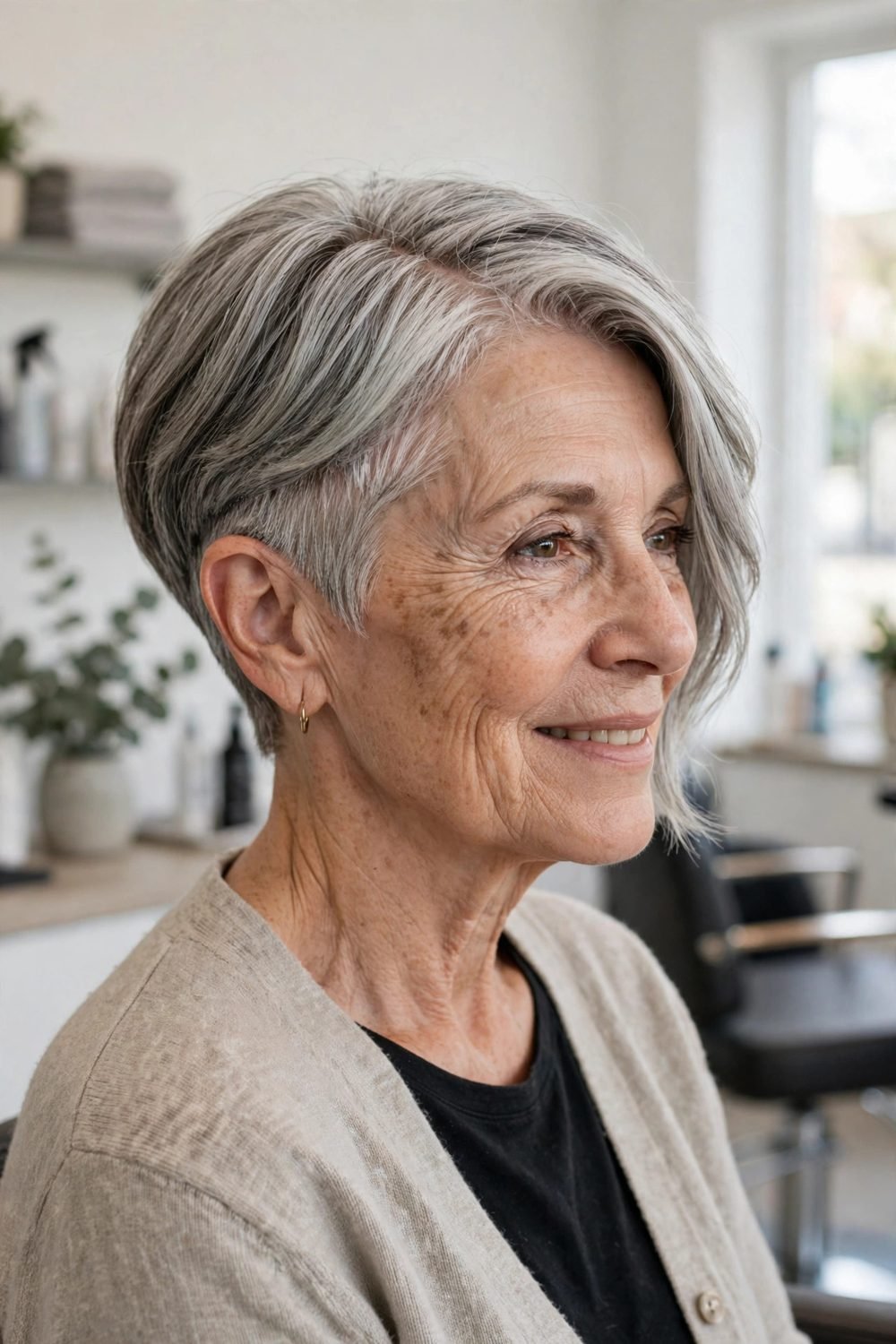 Layered short haircut for women over 60: Asymmetric Layers, Longer On One Side