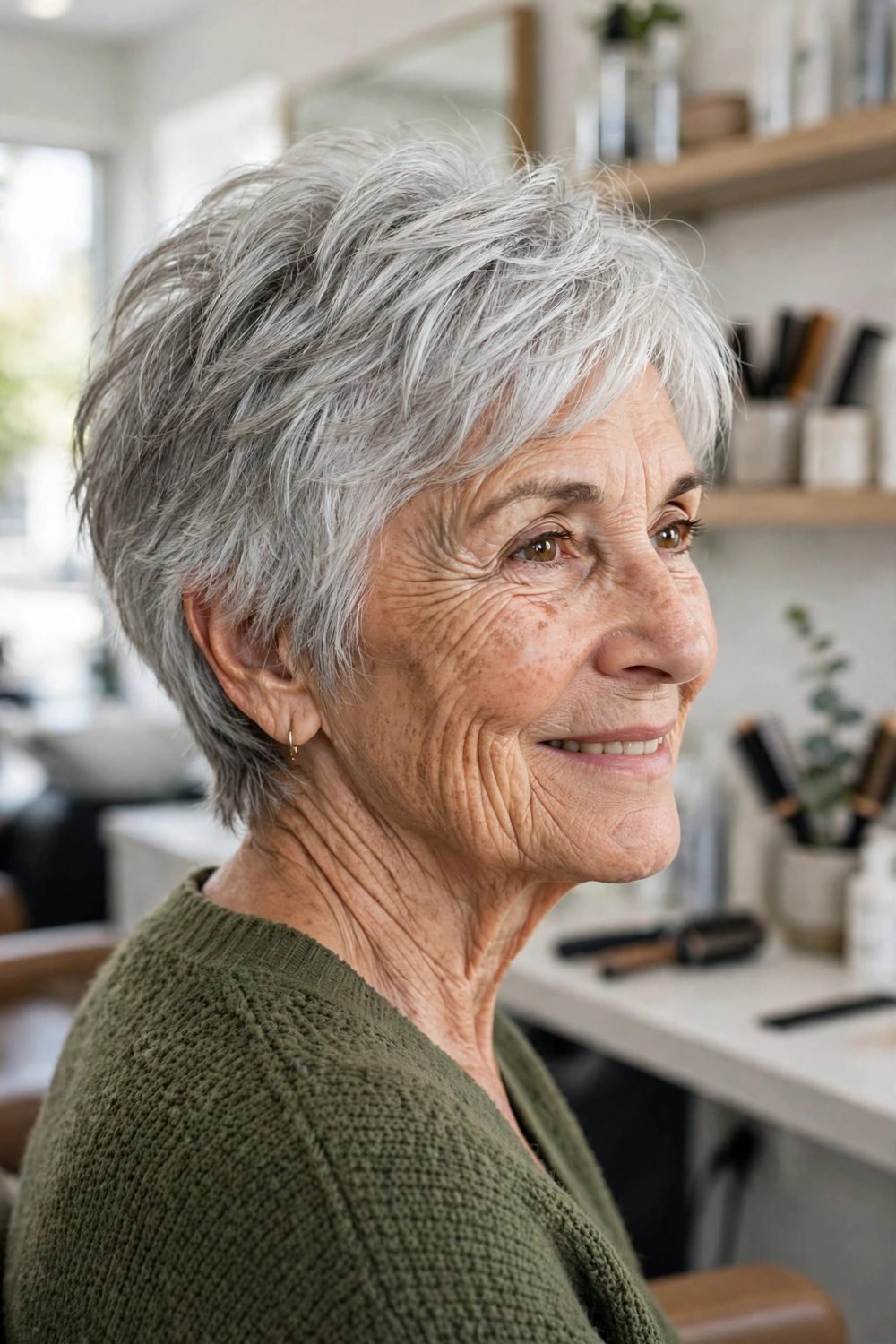 Layered short haircut for women over 60: Silver Layered Crop That Shows Off Grey Texture
